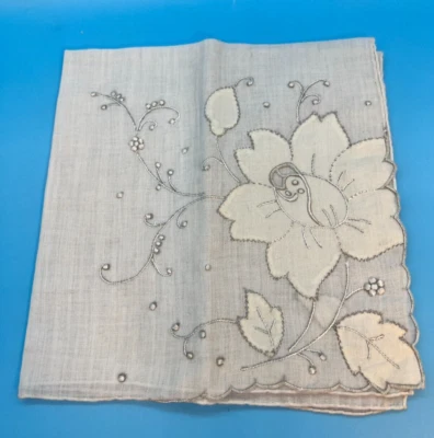 Vintage Embroidered and Applique Linen Handkerchief Delicate Cream - Image 1 of 4