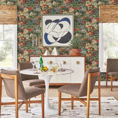 CY1541 red green Dynasty asian oriental scenic floral branch wallpaper rolls 3D - Image 1 of 4