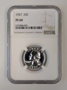 1957 NGC PF69 SILVER PROOF WASHINGTON QUARTER EXCELLENT EYE APPEAL 25c - Picture 1 of 2