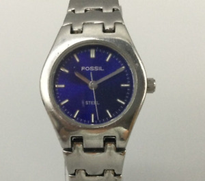 Fossil F2 Watch Women Silver Tone Blue Dial Stainless New Battery 6.25"
