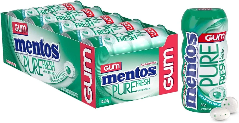 Mentos Pure Fresh Chewing Gum Spearmint Sugar 10 Pocket Bottles 10