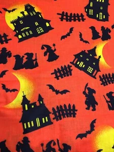 Halloween Fabric Haunted Houses Yellow Moons Witches Bats on Orange 2Y - Picture 1 of 3