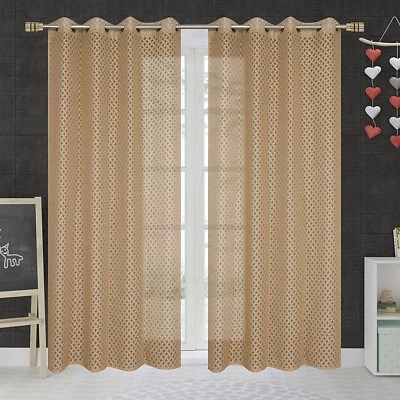 Juego de 2 cortinas de ventana con ojales semi transparentes de red cruzada de 9 pies de largo marrón Foto 1 de 4