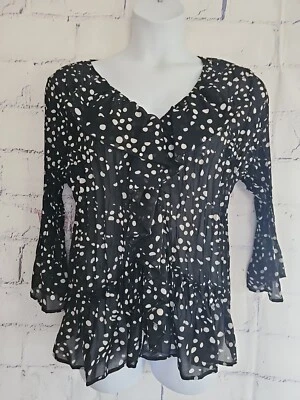 New Directions Accordion Pleat Ruffle Front Button Blouse Plus 2X Black PolkaDot - Image 1 of 4