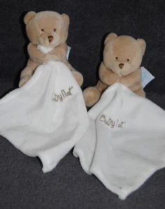 Lot 2 🍀 Beige Bear Blanket White Handkerchief BABY'NAT BABYNAT BN3520 Embroidered Eyes - Picture 1 of 4