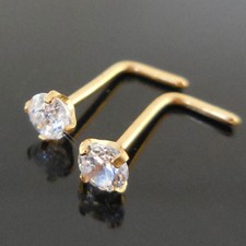 Pair Prong Set Gold Tone Stainless 18G 20G L Shaped Bone Nose Rings Body Jewelry