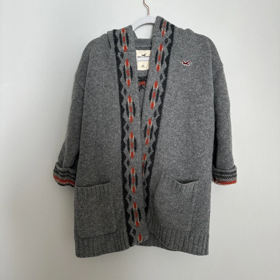 Hollister Lamb Wool California Bear Long Open Cardigan Sweater M/L Hooded Aztec - Image 1 of 4