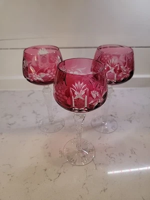 (3) Nachtmann "Traube" Cranberry Cut-to-Clear Crystal Hock Wine Glasses - image 1 of 4
