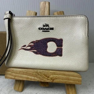 Coach Big Purple Glitter Logo Leather Card & Coin Case White Used - Picture 1 of 13