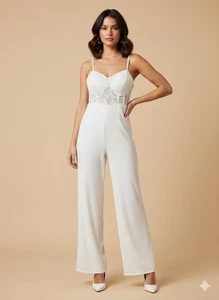 New Rue21 Women’s XL White Lace Wide Leg Jumpsuit Bridal Sheer Stretch Palazzo - Picture 1 of 7