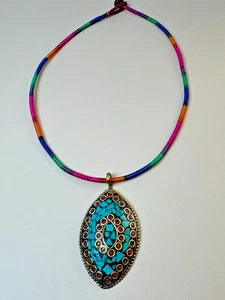 Vintage Tibetan Red & Turquoise Pendant On Colorful Cord Necklaace 22" ~ 719 - Picture 1 of 4
