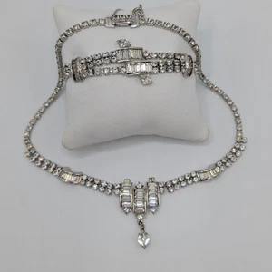50er Jahre Denbé Klar Strass Demi Parure Halskette Armband Set Rhodiniert - Bild 1 von 24