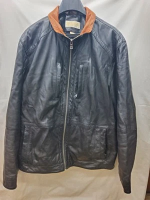 Michael Kors Mens Leather Black/Brown Jacket Size XL  Cognac Zipper Moto 121545 - Image 1 of 4
