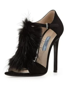 Sandalias PRADA negras de gamuza con correa en T al tobillo punta abierta tacón de aguja alto 40 - Imagen 1 de 8