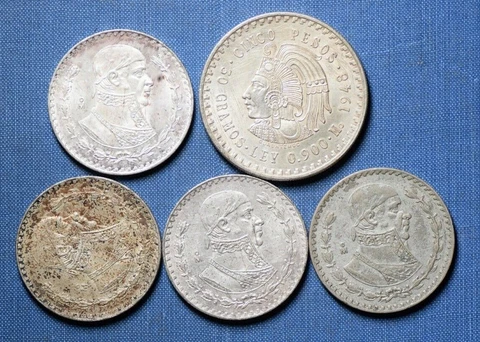 MEXICO SILVER COINS INCL 5 PESOS & PESOS IN HIGHER GRADE AND NICE TONED Cover