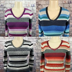 Womens V-Neck Multicolor Long Sleeve Ribbed Sweater St. Johns Bay Size Small - Picture 1 of 35