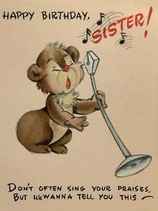 Vintage Birthday Greeting Card Sister Bear Flocked Fuzzy Peach - Picture 1 of 6