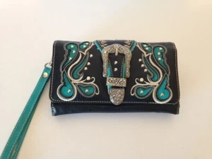 Western Decorative Wristlet Trifold Wallet Buckle Studs Teal Inlay Black - Picture 1 of 9
