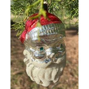 Vintage Blown Glass Santa Christmas Ornament Silver 5” Red Blue Eyes St Nick - Picture 1 of 6