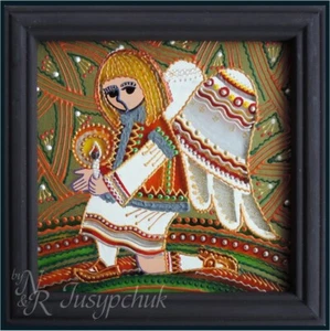 Pintura popular tradicional ucraniana sobre vidrio hecha a mano decoración de pared enmarcada 14x14cm - Imagen 1 de 2