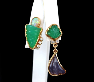 DCM 18k 黄金蛋白石钻石绿色紫色玉髓吊坠耳钉 — 第 1/4 张图片