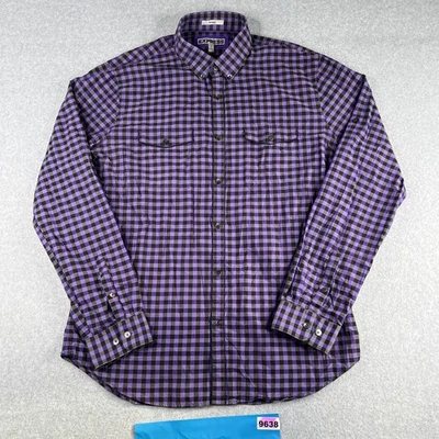 Express Shirt Large Fitted Purple Black Check Button Up Roll Tab Sleeve Casual - Image 1 of 4