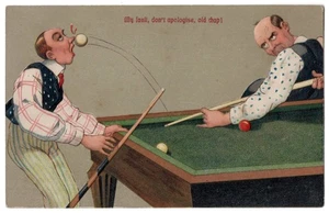 1909 Billard Pool Comic Postkarte - Mann von Queueball ins Gesicht geschlagen - Kunstpostkarte - Bild 1 von 2