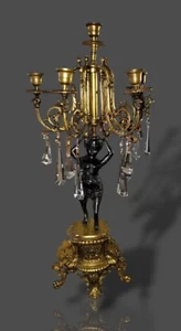 ANTIQUE FRENCH BRONZE 19TH CENTURY & CRYSTAL FIGURAL CANDELABRA CANDLESTICK - Picture 1 of 14