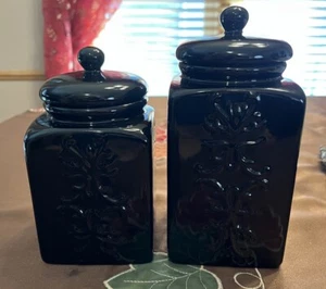 Black Ceramic Canisters Vintage Glossy with Lids Filigree Decorative Set Of 2 - Picture 1 of 13