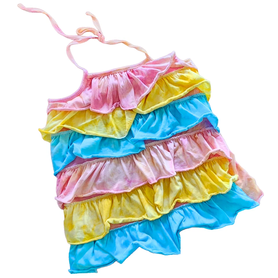 Ann Loren 10 Girl's top  cute shirt, kid party rainbow tie-dye ruffle halter - Image 1 of 4