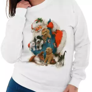 Santa Claus Christmas Dog Puppy Parent Xmas Womens Long Sleeve Crew Sweatshirt - Picture 1 of 9