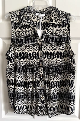 NUEVO CON ETIQUETAS Rosa + Oliva, Plus 2X, Blusa Sin Mangas Botón Cuello Frontal, Negro Crema Foto 1 de 4