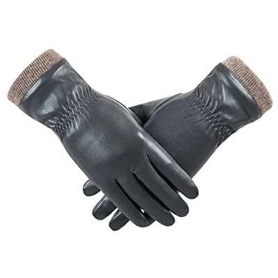 Guantes de cuero de invierno para mujer, guantes cálidos forrados de lana polar, pantalla táctil Foto 1 de 4