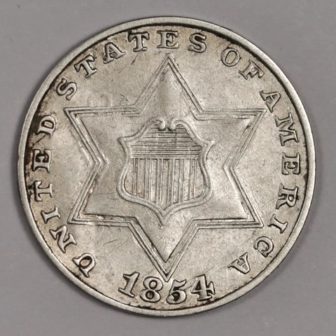 1854 Three Cent Silver.  Natural Uncleaned.  AU-UNC.  178616 Cover