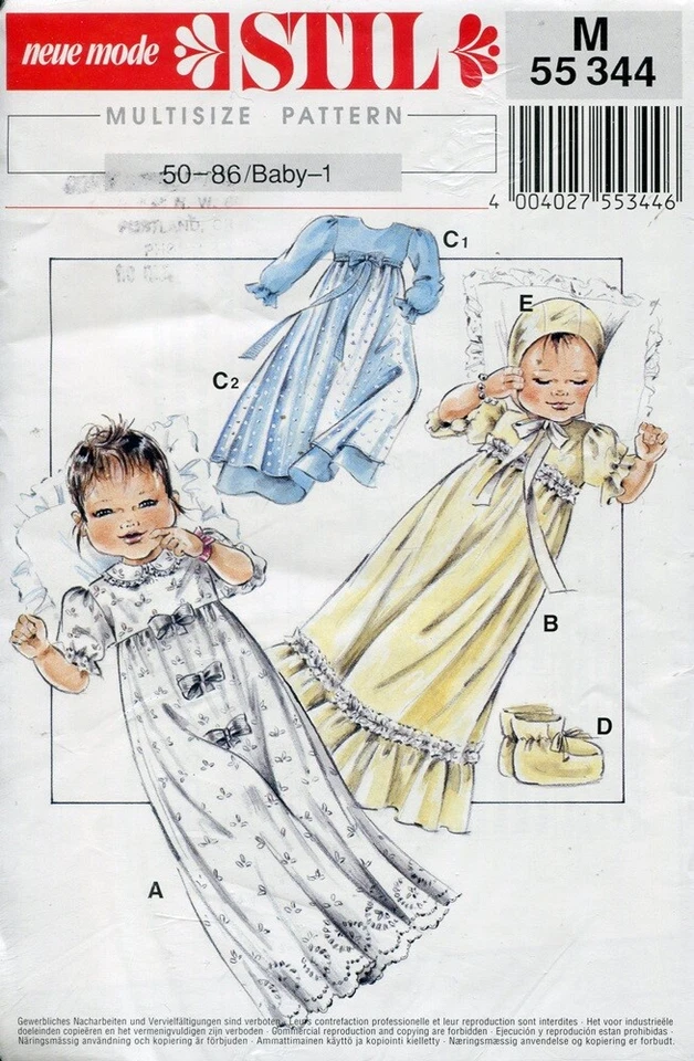 Neue Mode Multisize Pattern 55344 Baby Gown / Dress, Booties, Bonnet - Image 1 of 1