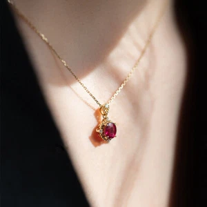 Dainty Red Garnet Pendant 18k Gold Plated 925 Sterling Silver Retro Necklace - Picture 1 of 4