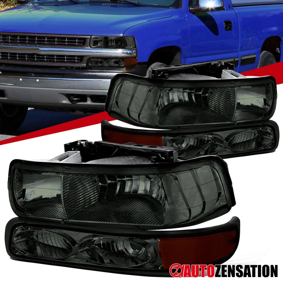 Fit 1999-2002 Chevy Silverado 2000-2006 Suburban Smoke Headlights+Bumper Lamps Foto 1 de 4