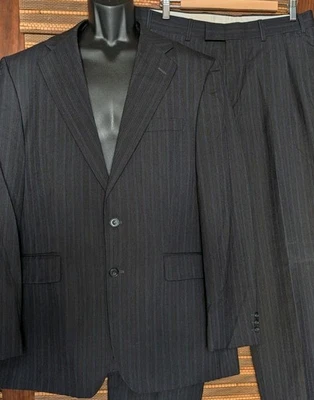 Alexandre Suit Mens 42L Black Gray Red Double Pinstripe Bespoke Savile Row Wool - Image 1 of 4