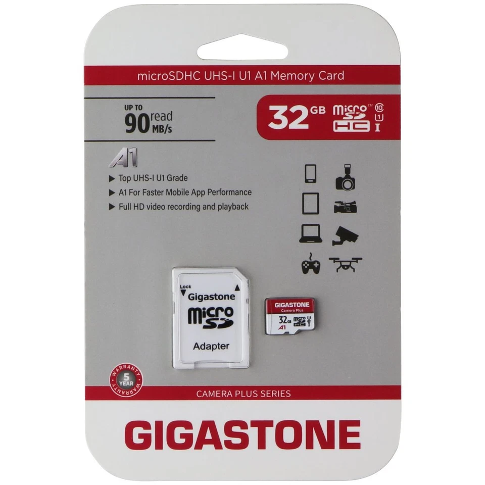 Gigastone 32GB Micro SDHC UHS-1 Class 10 90MBs Memory Card and Adapter - Image 1 of 1