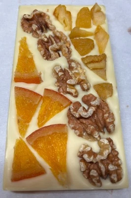 White Chocolate Bar with fruits Sweet taste topped walnuts orange pears 100g . - Image 1 of 4
