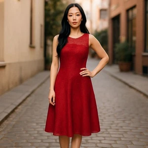 Peruvian Connection Pima Cotton Fit & Flare Knit Midi Dress Small Red Jacquard - Picture 1 of 11