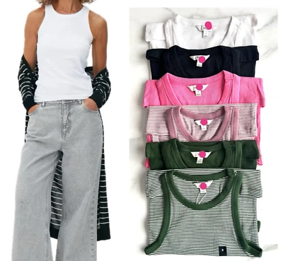 MARKS & SPENCER Ladies Ex Marks Ribbed Racer Back Vest Top Sleeveless Cotton White Green Pink