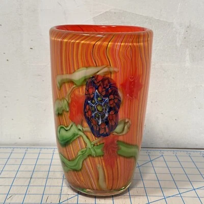 Jarrón de vidrio artístico de 9" de alto rojo naranja floral diseño abstracto estilo Millefiori Murano Foto 1 de 4