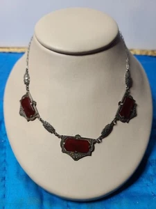 Vintage Art Deco Ornate Sterling With Red Stones Necklace Signed LCW - Picture 1 of 8