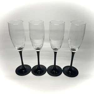 Set Of 4 Vintage 8.75” Luminarc Black Stem Champagne Flutes Wine Glasses France - Picture 1 of 8
