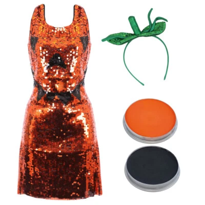 HALLOWEEN PUMPKIN DRESS COSTUME PARTY LADIES SEXY SEQUIN ORANGE FANCY DRESS - Image 1 of 4