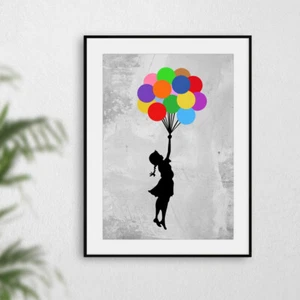 Banksy Rainbow Balloon Girl Colourful Wall Art Print Picture Artwork Poster Grey - Picture 1 of 3