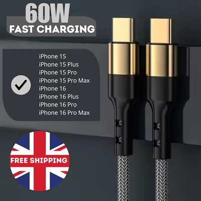 Type C to Type C Charger Cable USB C Fast Samsung Lead For iPhone 15 16 Pro Max - Image 1 of 4