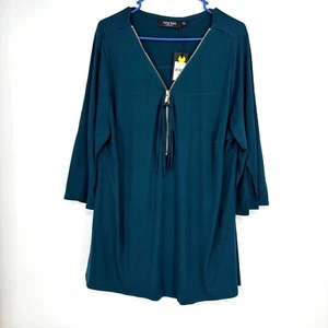 Arna York Womens Size 20 Zip Front Pullover Blouse Teal Blue Gold Tone 3/4 Sleev - Picture 1 of 10