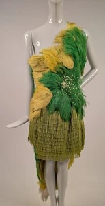 VINTAGE STAGE HALLOWEEN COSTUME 1990’S REAL FEATHER + FRINGE PARROT BIRD DRESS - Picture 1 of 5